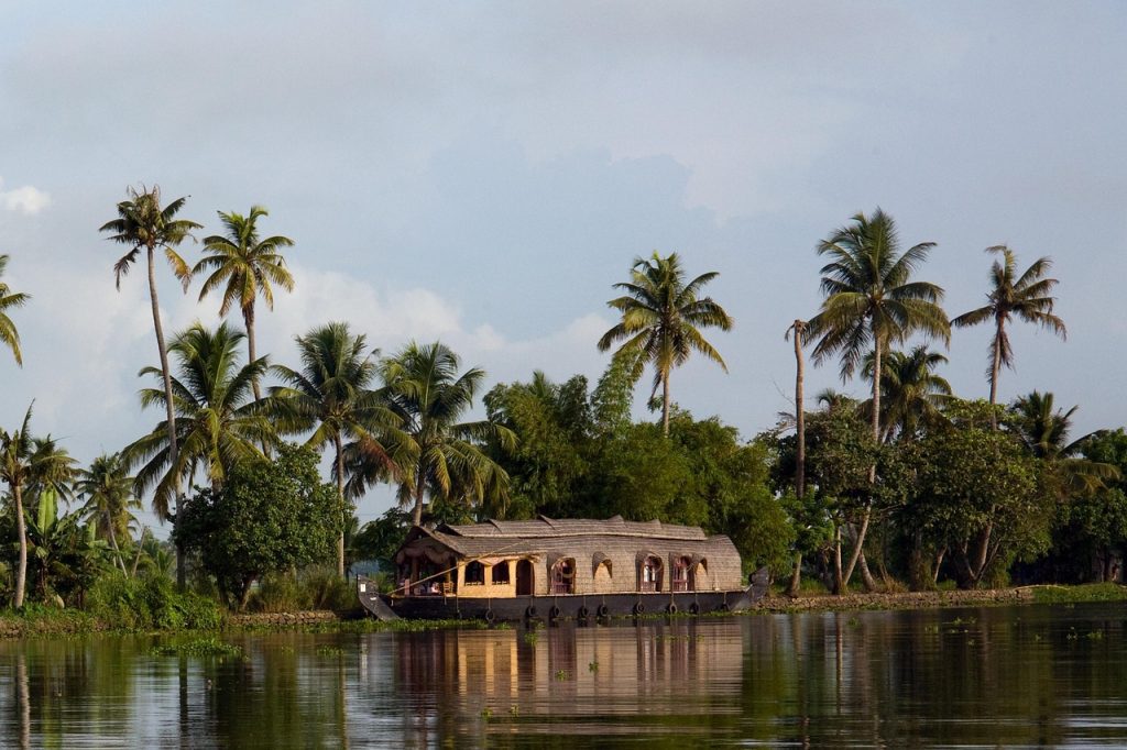 traditional kerala houseboat on surrounded by coconut trees kerala travel guide